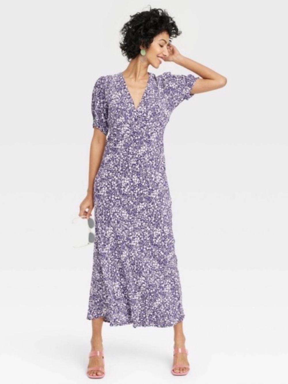 Women's Crepe Puff Short Sleeve Dress - A New Day Navy Blue Floral size XS - Picture 3 of 7